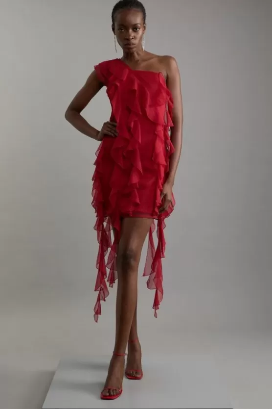 Fashion Karen Millen Tall Premium Viscose Georgette Panelled Ruffle Detail Woven Midi Dress red