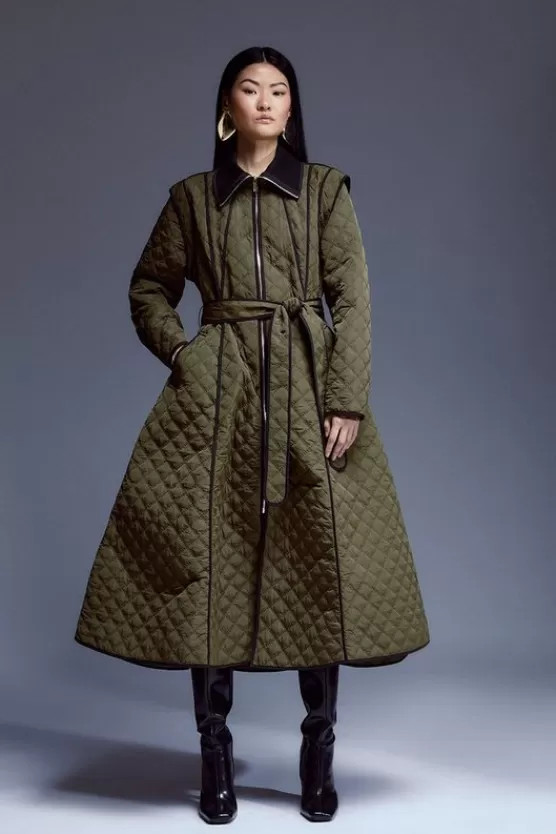 Shop Karen Millen Tall Quilted Full Skirted Belted Midi Coat khaki