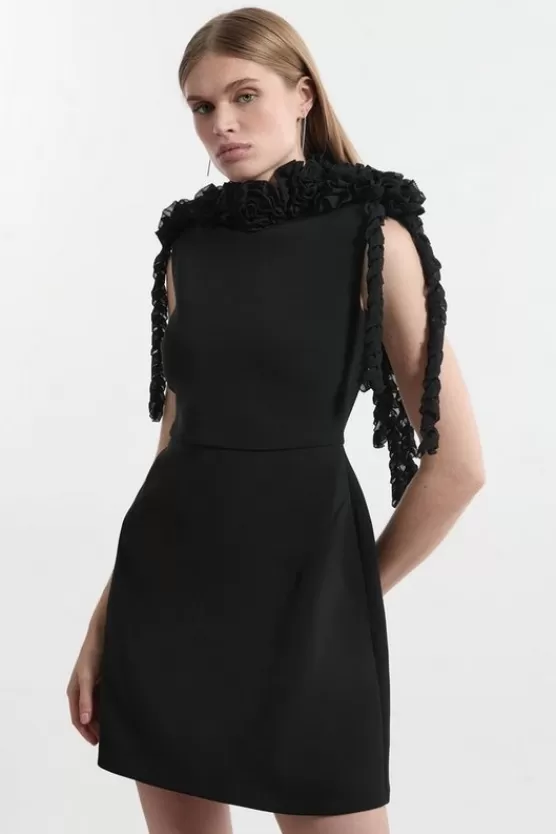 Best Karen Millen Tall Rosette And Ruffle Compact Viscose Tailored Mini Dress black