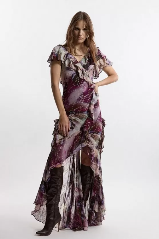 New Karen Millen Tall Ruffle Detail Metallic Thread Maxi Dress multi