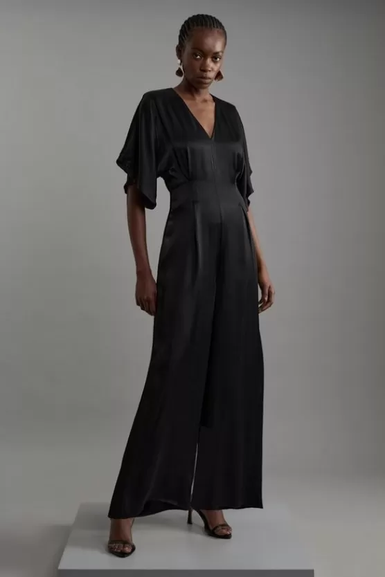 Online Karen Millen Tall Satin Angel Sleeve Woven Maxi Jumpsuit black