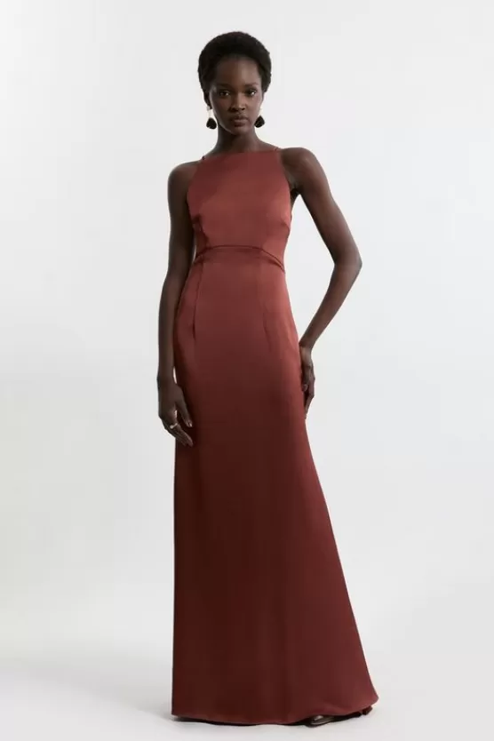 Cheap Karen Millen Tall Satin Back Crepe Long Sleeved Column Woven Maxi Dress chocolate