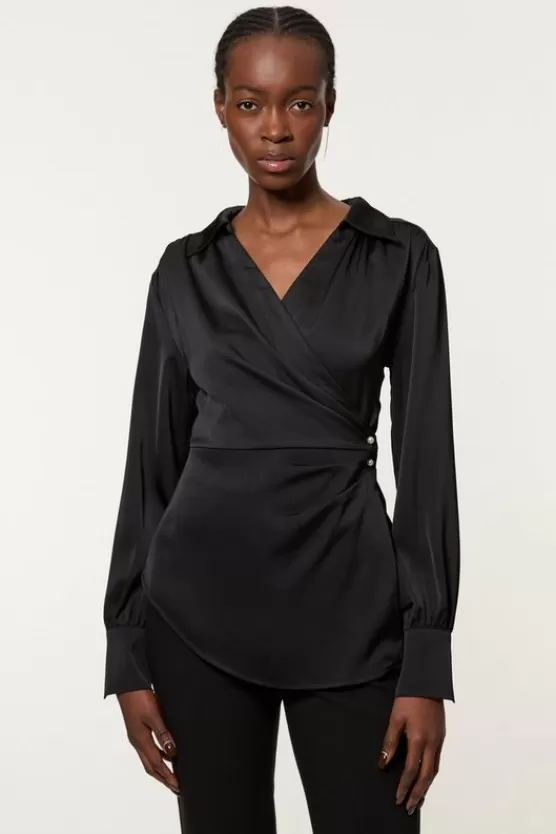Online Karen Millen Tall Satin Back Crepe Pearl Detail Wrap Blouse black