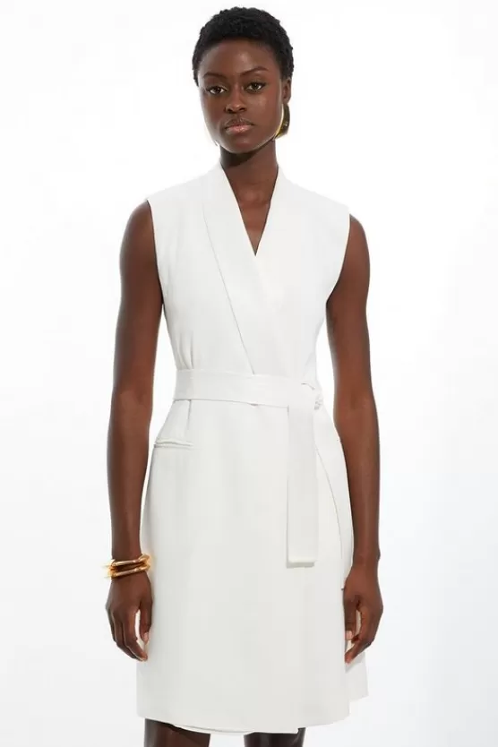Store Karen Millen Tall Satin Back Crepe Sleeveless Tuxedo Tailored Wrap Mini Dress ivory