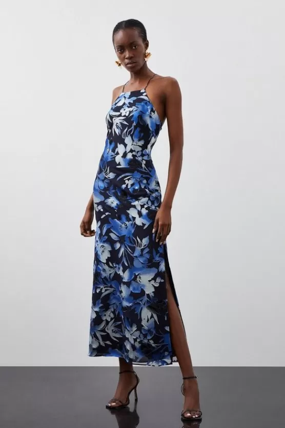 Cheap Karen Millen Tall Satin Floral Devore Woven Strappy Maxi Dress navy