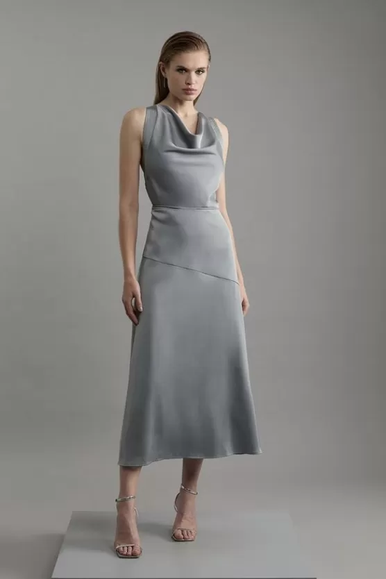 Shop Karen Millen Tall Satin Halter Neck Woven Midi Dress darkgrey