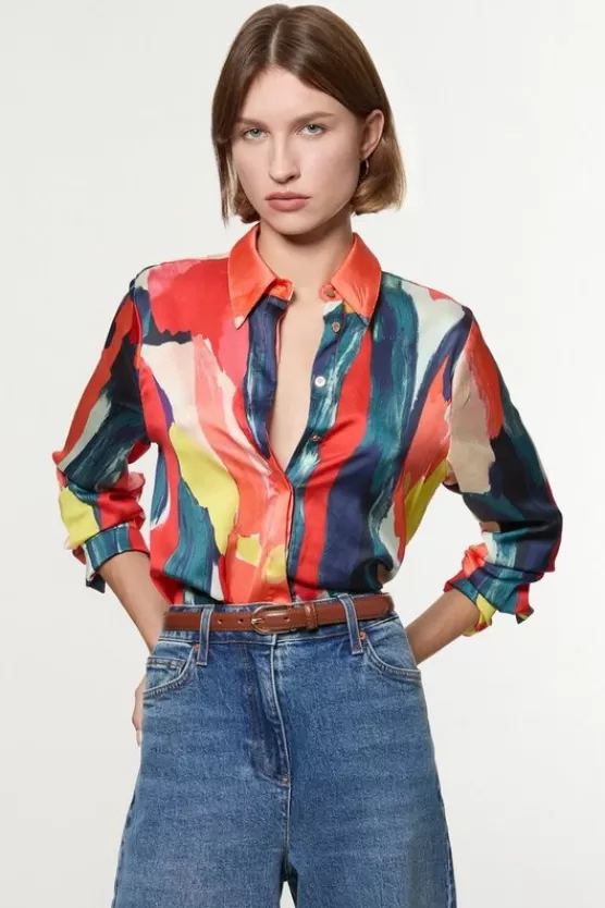 New Karen Millen Tall Satin Printed Woven Shirt multi