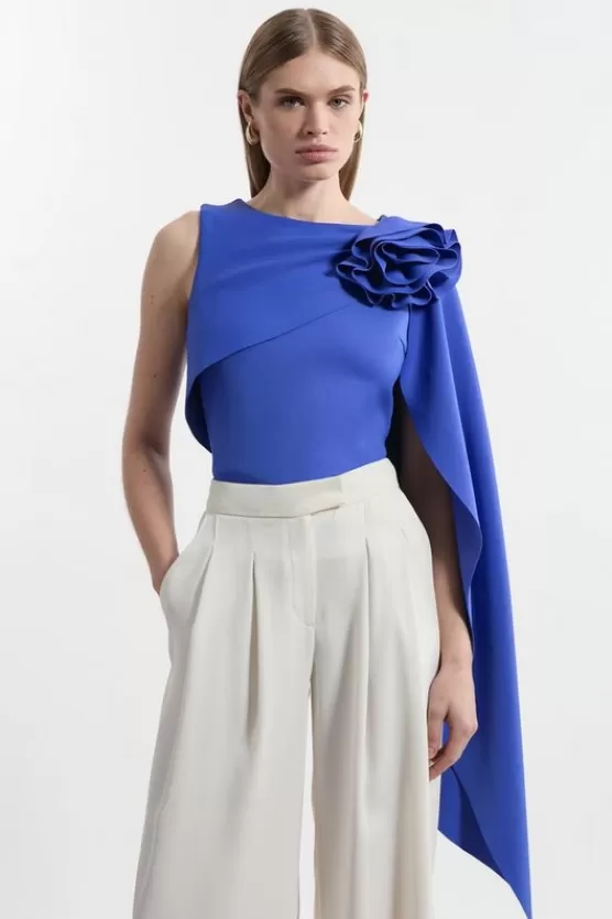 Hot Karen Millen Tall Scuba Drama Ruffle Rosette Top cobalt