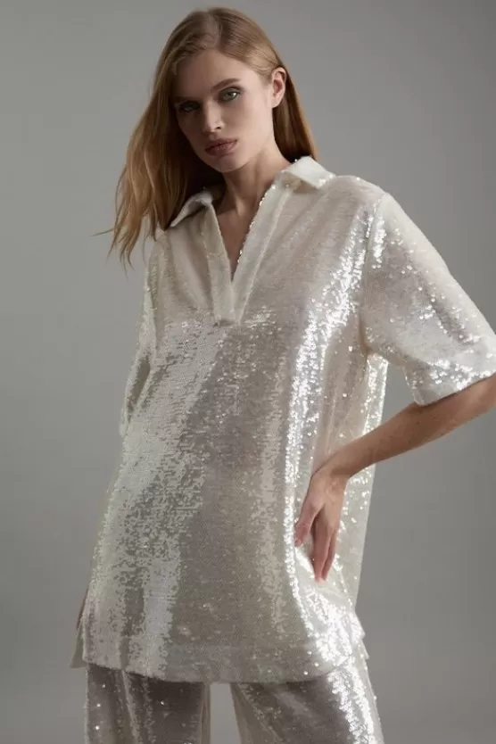 Discount Karen Millen Tall Sequin Collard Woven Tunic silver