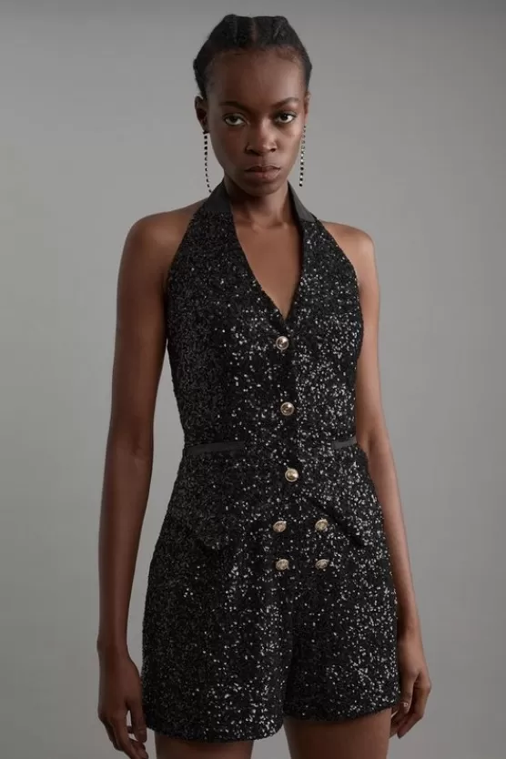 Outlet Karen Millen Tall Sequin Halter Neck Vest black