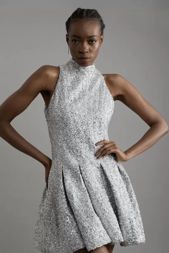 Online Karen Millen Tall Sequin Metallic Boucle Halter Full Skirt Tailored Mini Dress silver