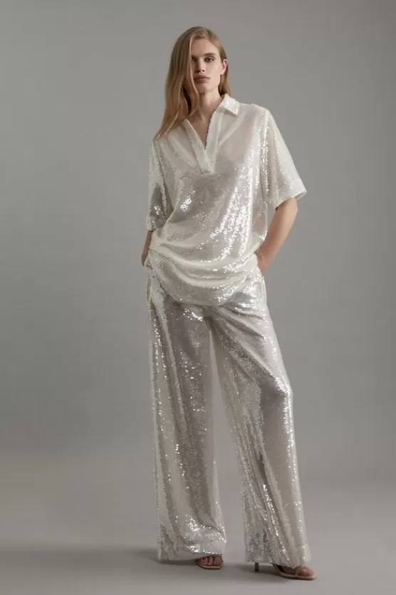 Best Sale Karen Millen Tall Sequin Woven Wide Leg Pants silver