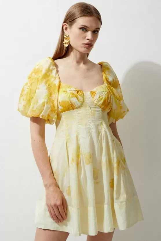 Fashion Karen Millen Tall Silk Cotton Trailing Floral Mini Dress yellow