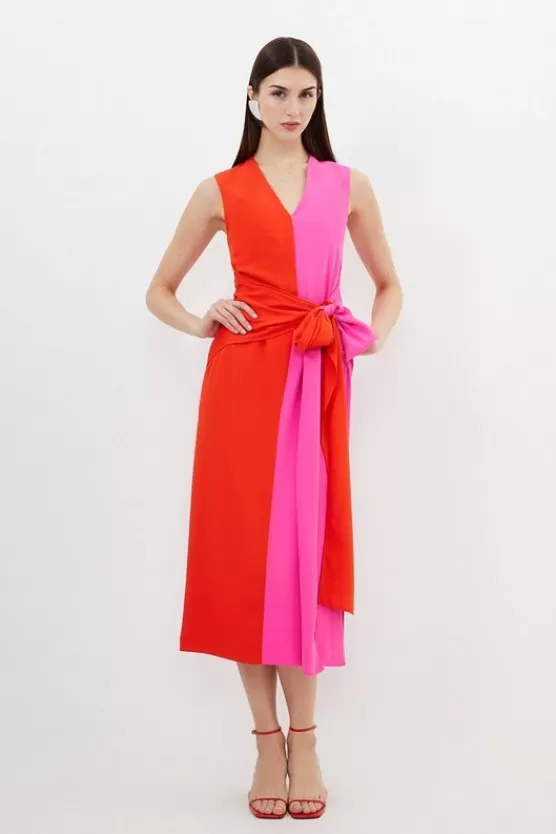 Flash Sale Karen Millen Tall Soft Tailo Colourblock Belted Column Maxi Dress red