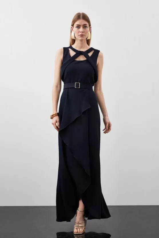 Outlet Karen Millen Tall Soft Tailored Tie Neck Detail Waterfall Maxi Length navy