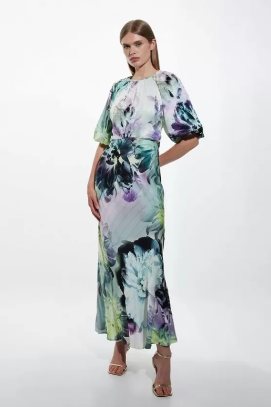 Outlet Karen Millen Tall Spring Floral Printed Hammered Satin Woven Midi Dress blue