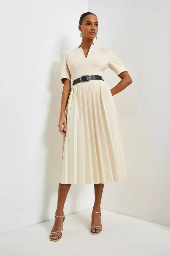 Discount Karen Millen Tall Structured Crepe Forever Pleat Belted Midi Dress ivory