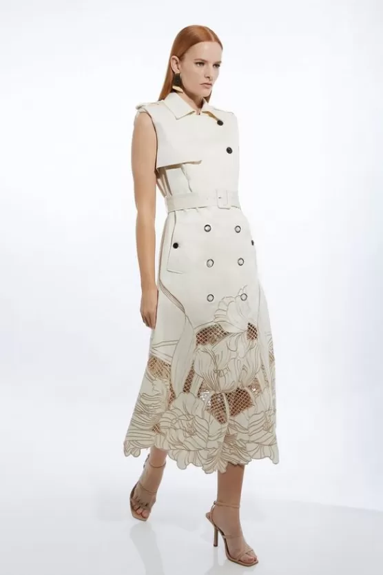 Discount Karen Millen Tall Tailored Cotton Cutwork Embroidered Belted Trench Style Midaxi Dress ivory
