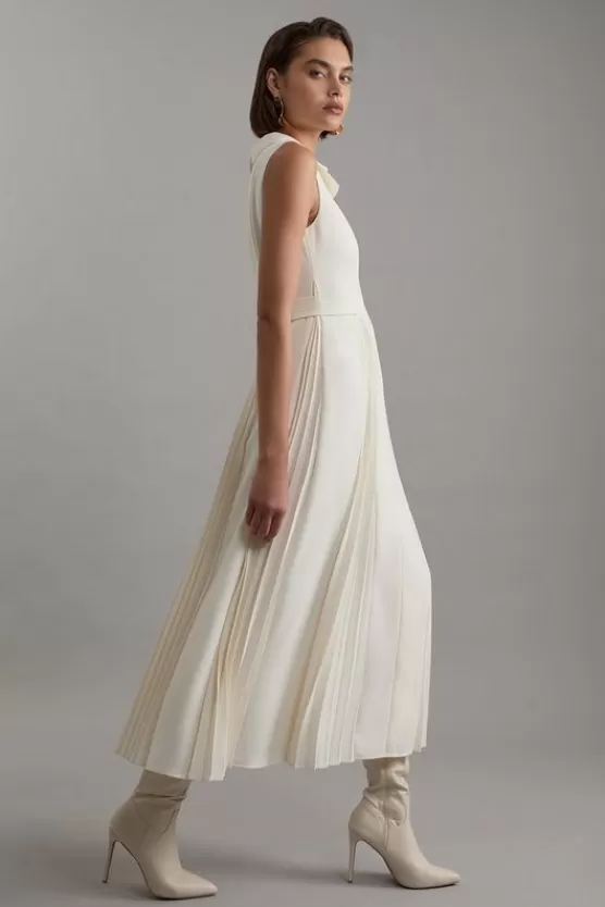 Fashion Karen Millen Tall Tailored Crepe Pleated Buckle Detail Sleeveless Midaxi Dress ivory
