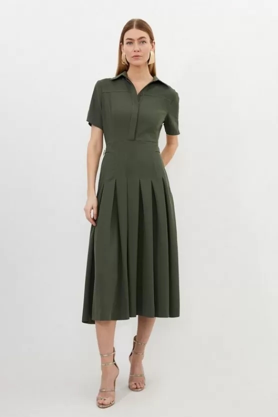 Discount Karen Millen Tall Tailored Crepe Short Sleeve Pleated Midi Dress khaki