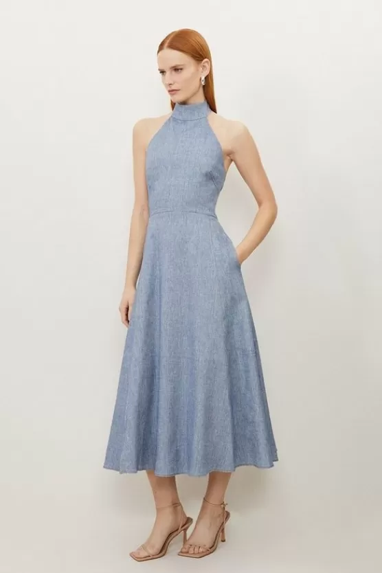 Sale Karen Millen Tall Tailored Denim Linen Strappy Full Skirted Midi Dress blue