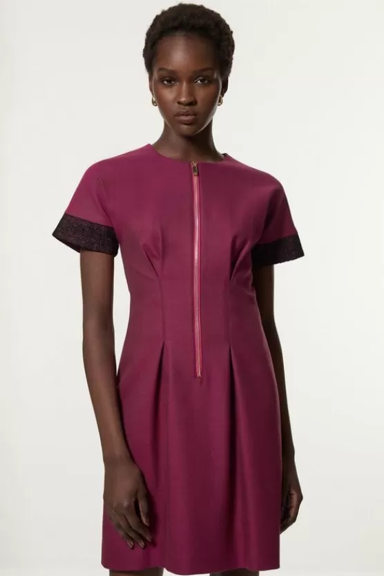 New Karen Millen Tall Tailored Twill Lace Mix Zip Front Mini Dress plum