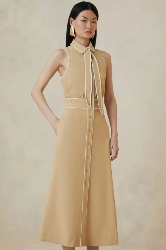 Clearance Karen Millen Tall The Founder Contrast Tipped Sleeveless Tailored Shirt Dress camel