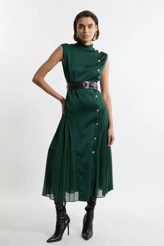 Best Karen Millen Tall Top Stitch Satin Georgette Strong Shoulder Midi Dress forest