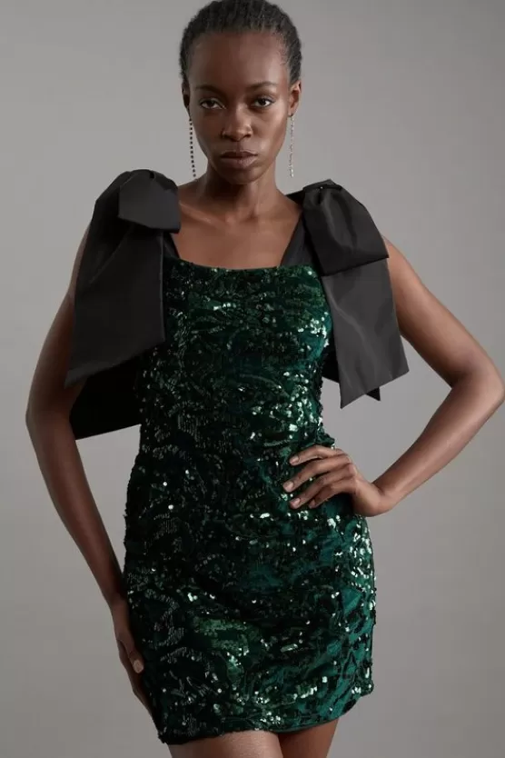 Best Karen Millen Tall Velvet Sequin Woven Mini Dress With Taffeta Tie Detail green