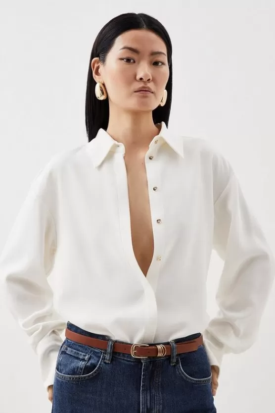 Best Karen Millen Tall Viscose Crepe Long Sleeve Collared Shirt ivory