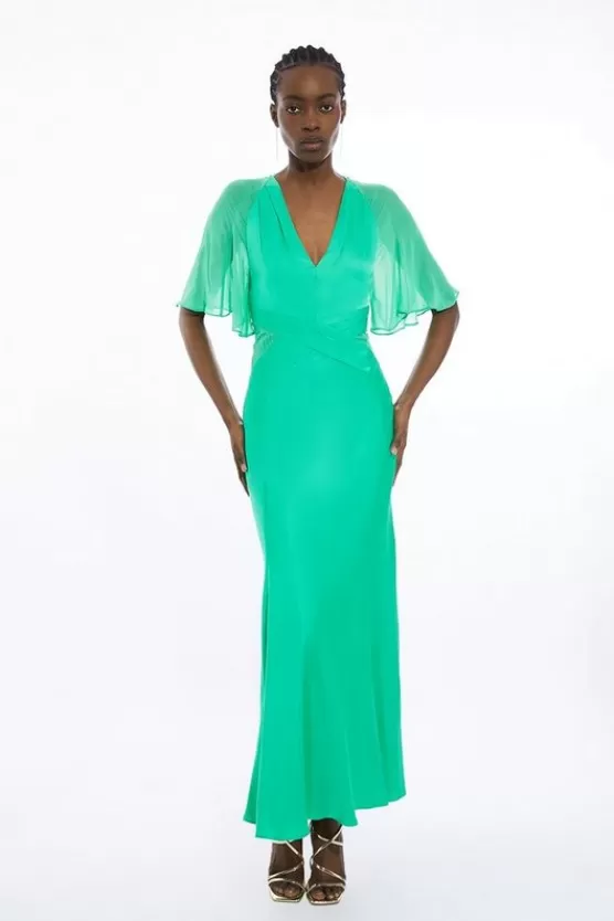 Outlet Karen Millen Tall Viscose Georgette Angel Sleeve Woven Maxi Dress green