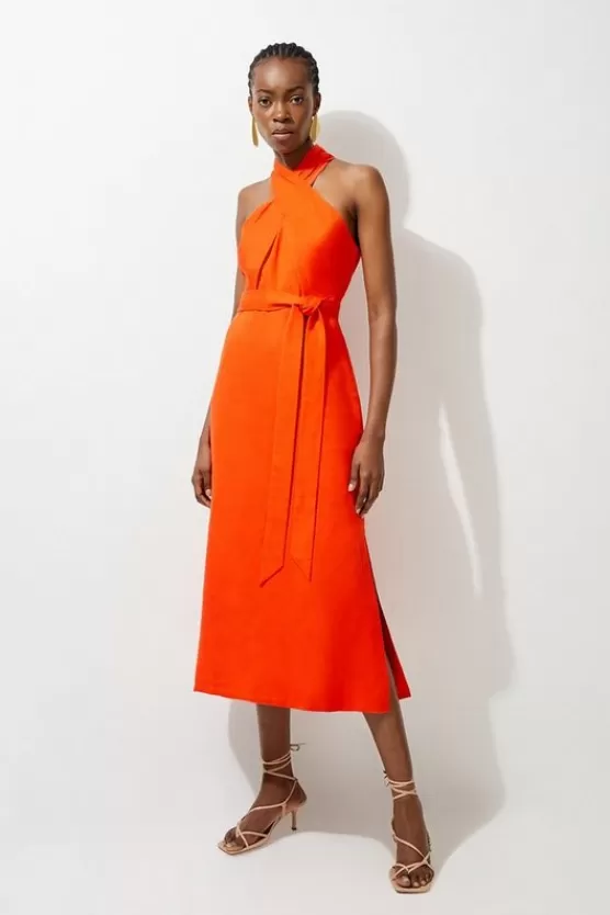 Store Karen Millen Tall Viscose Linen Woven Cross Neckline Midi Dress red