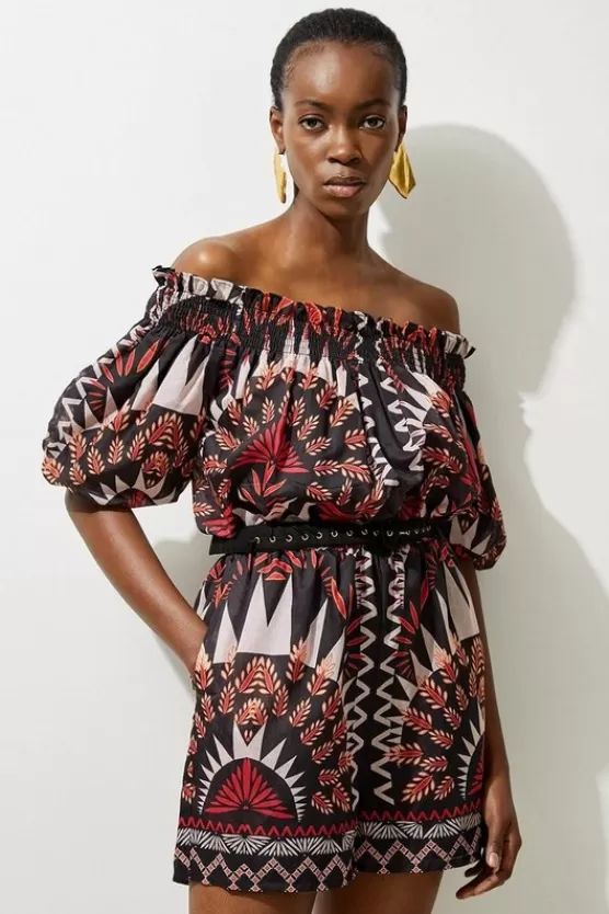 Shop Karen Millen Tall Voile Mirrored Batik Off The Shoulder Woven Romper black
