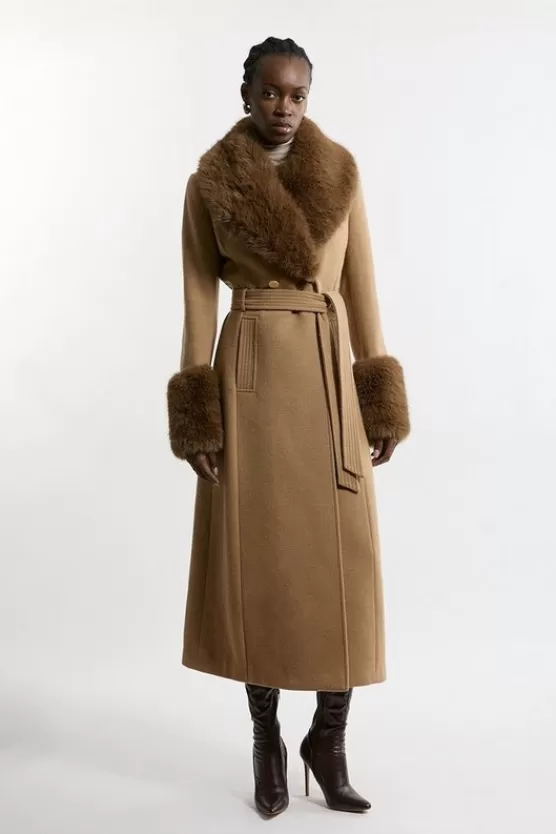 Clearance Karen Millen Tall Wool Blend Detachable Faux Fur Belted Midi Coat camel