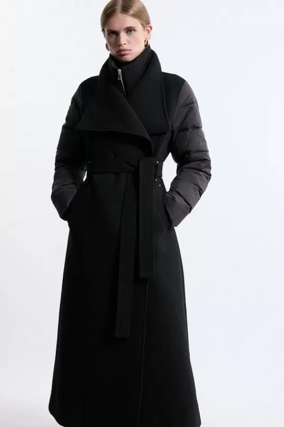 New Karen Millen Tall Wool Blend Hybrid Puffer Belted Midi Coat black