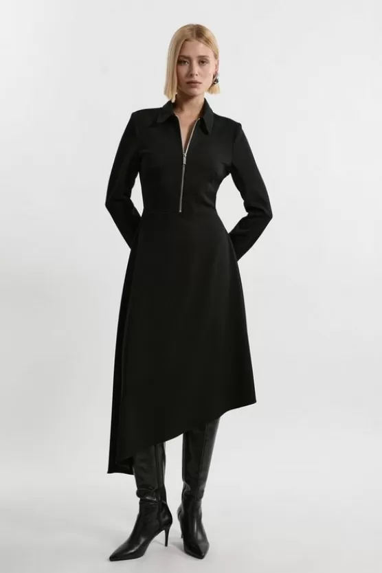 Cheap Karen Millen Technical Crepe Tailored Metal Zipp Detail High Low Midi Dress black