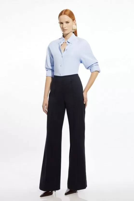 New Karen Millen Techno Cotton Pintuck Woven Wide Leg Pants navy