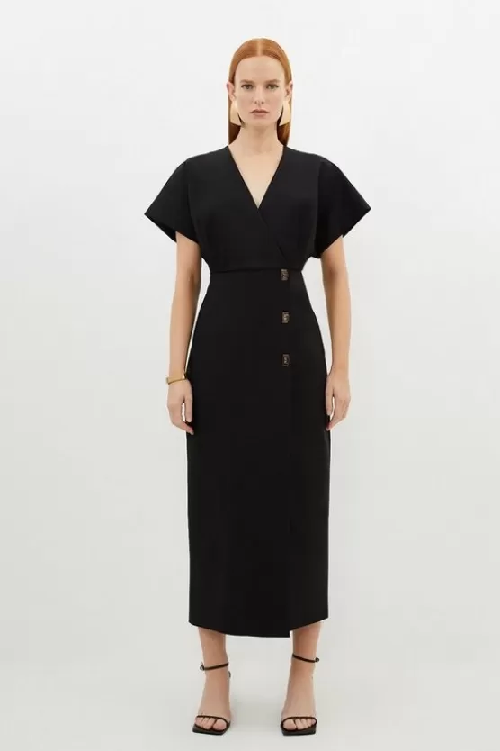 Best Sale Karen Millen Techno Cotton Woven Midi Dress With Gold Clasp black