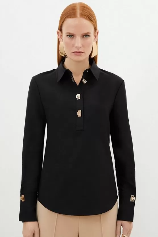 New Karen Millen Techno Cotton Woven Shirt With Gold Clasp black