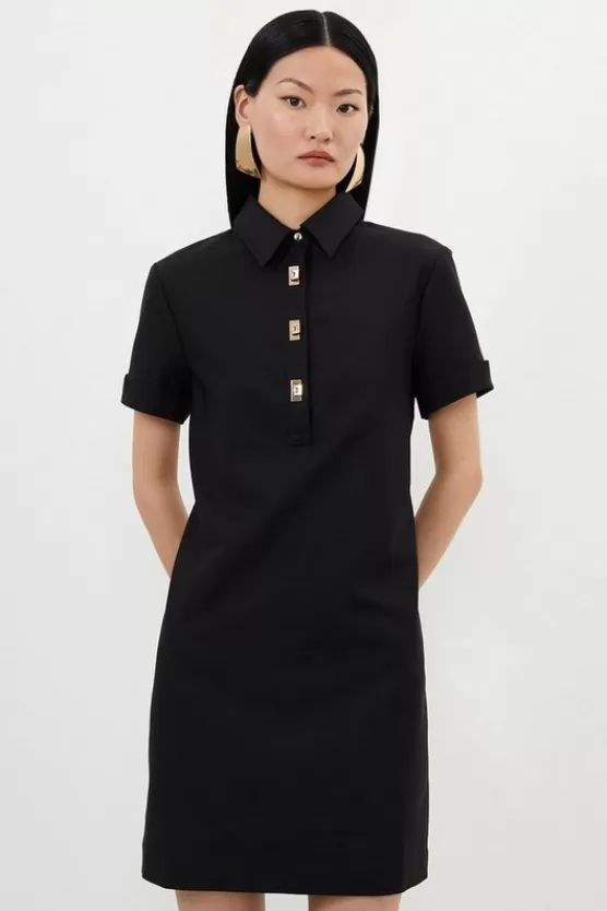 Cheap Karen Millen Techno Cotton Woven Short Shirt Dress With Gold Clasp black