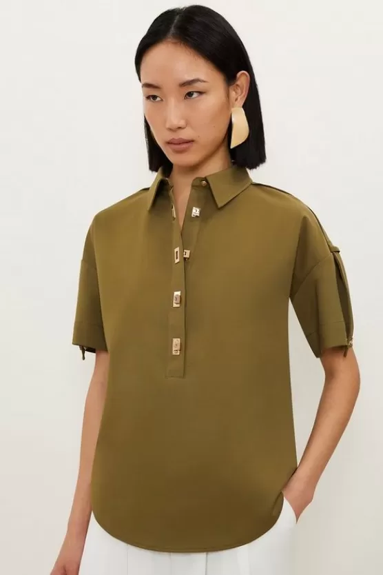 Shop Karen Millen Techno Cotton Woven Short Sleeve Hardwear Detail Shirt khaki