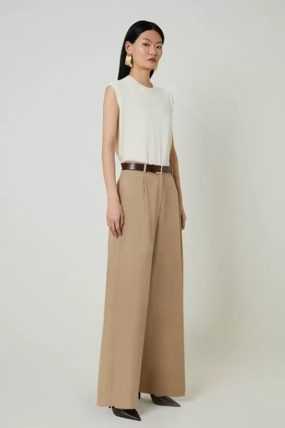 Cheap Karen Millen Tencel Cotton Pleated Wide Leg Dress Pants tan