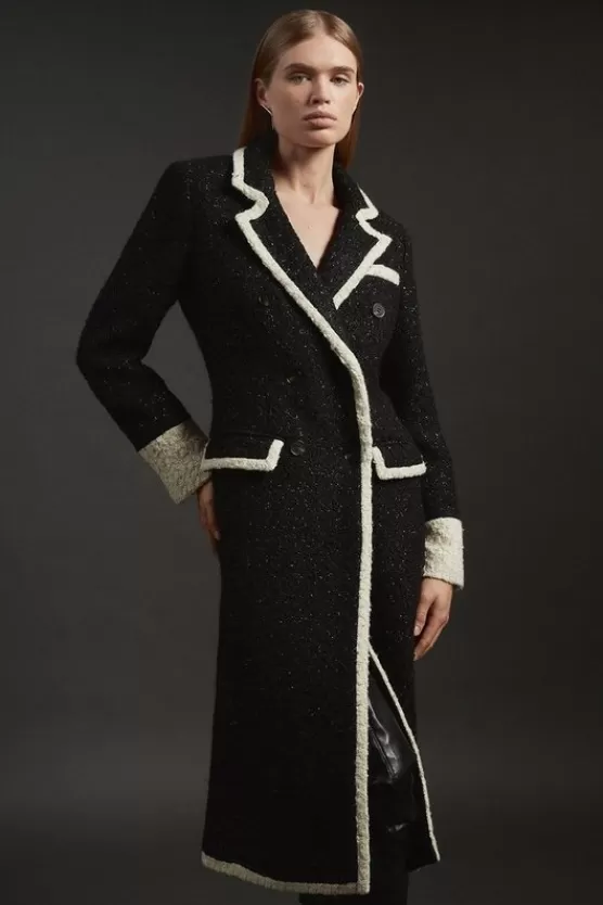 Best Sale Karen Millen Texture Metallic Contrast Tipped Double Breasted Tailored Midi Coat black