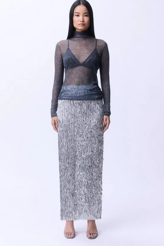 Hot Karen Millen Textured Sequin Woven Maxi Skirt silver