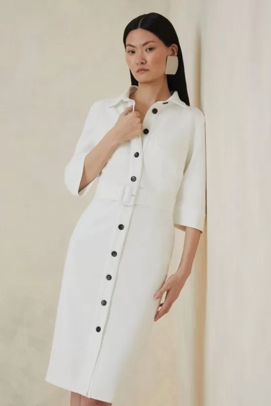 Clearance Karen Millen The Founder Compact Stretch Belted Midi Dress ivory