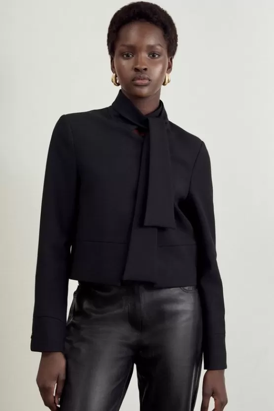 Online Karen Millen The Founder Compact Stretch Cropped Tie Neck Tailored Blazer black
