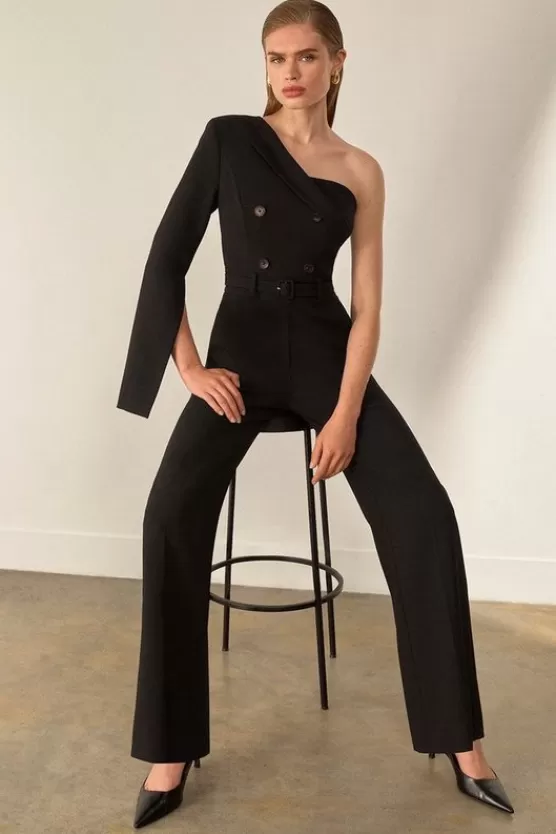 Best Sale Karen Millen The Founder Compact Stretch One Shoulder Tailored Jumpsuit black