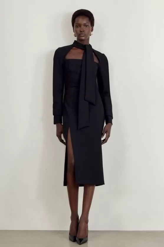Online Karen Millen The Founder Compact Stretch Tailored Tie Neck Pencil Midi Dress black