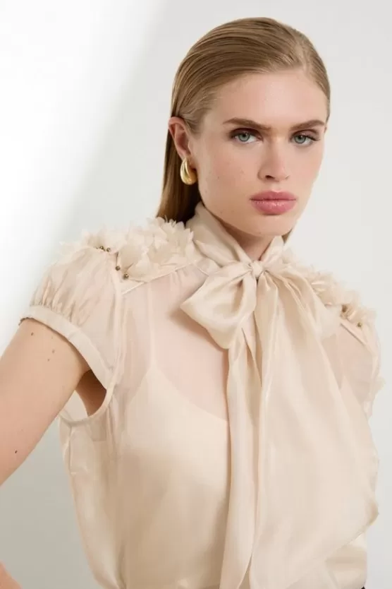 Store Karen Millen The Founder Organza Petal Applique Woven Tie Neck Blouse sand