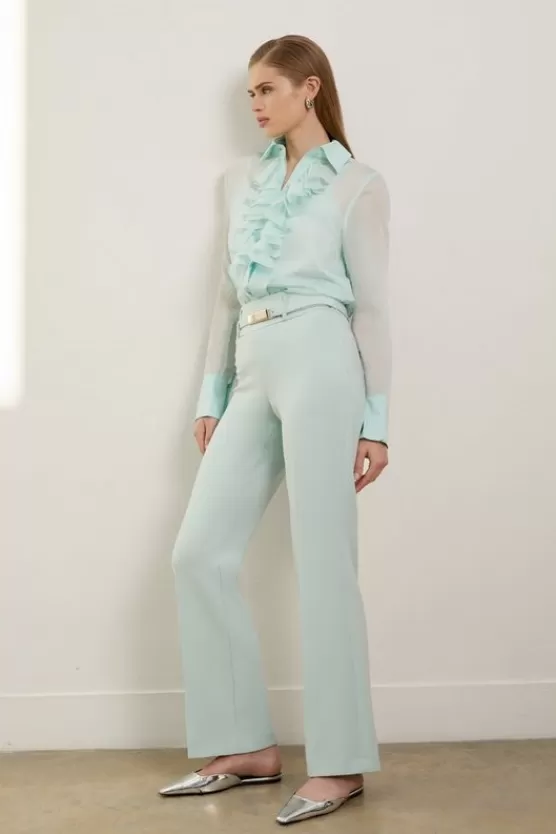 Shop Karen Millen The Founder Petite Compact Stretch High Waisted Belted Straight Leg Pants sage
